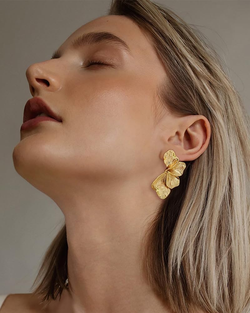 FAUTHENTICUTE Chunky Gold Statement Earrings For Women Gold Plated Sectored Flower Leaf Shell Angel Wing Earrings Large Stud Earrings Hypoallergenic Earrings - Image 2